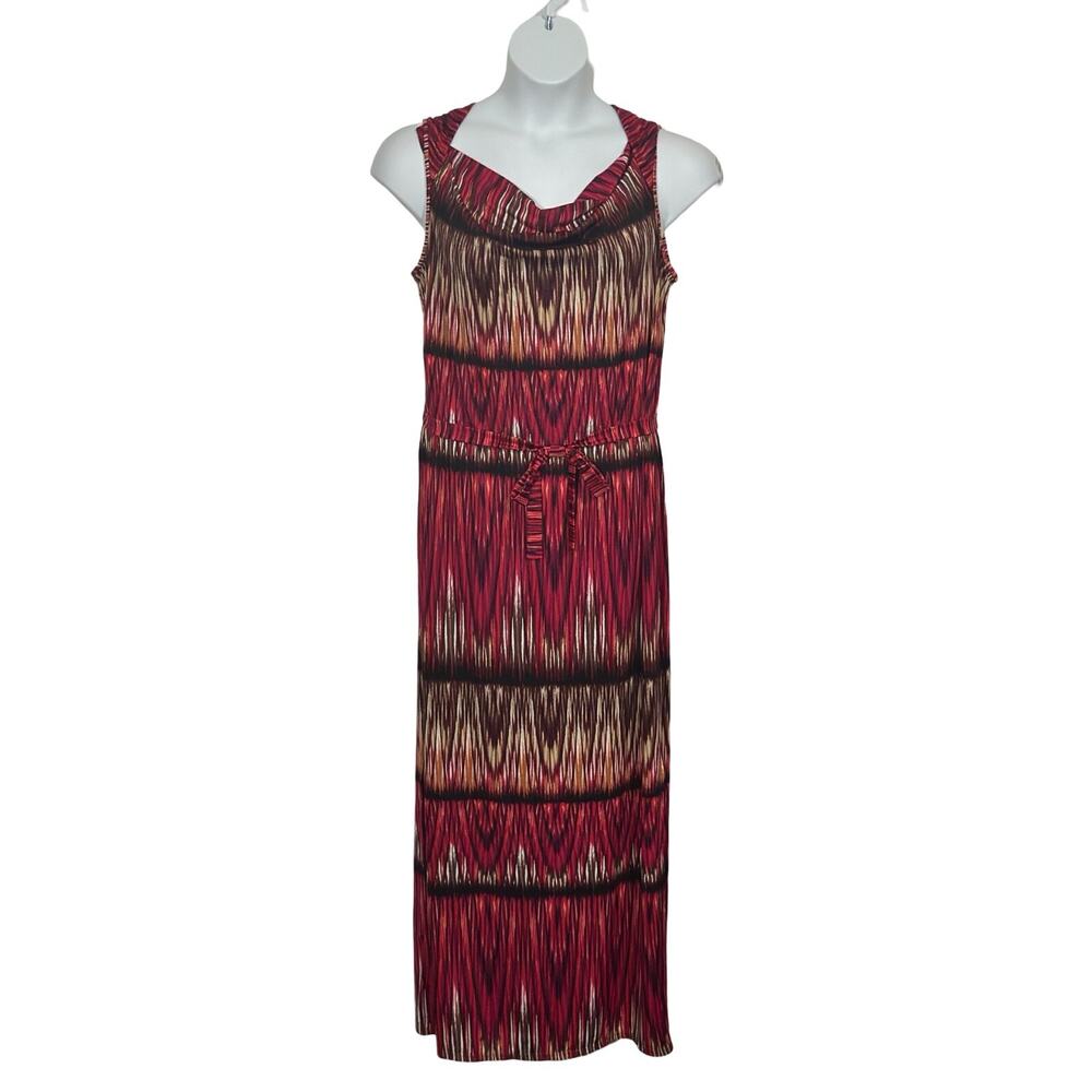 Women's size lg sleeveless red multi colored straight maxi dress w/side splits